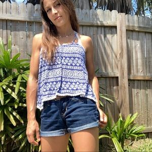 Mauve Blue and White Boho Patterned Racerback Tank